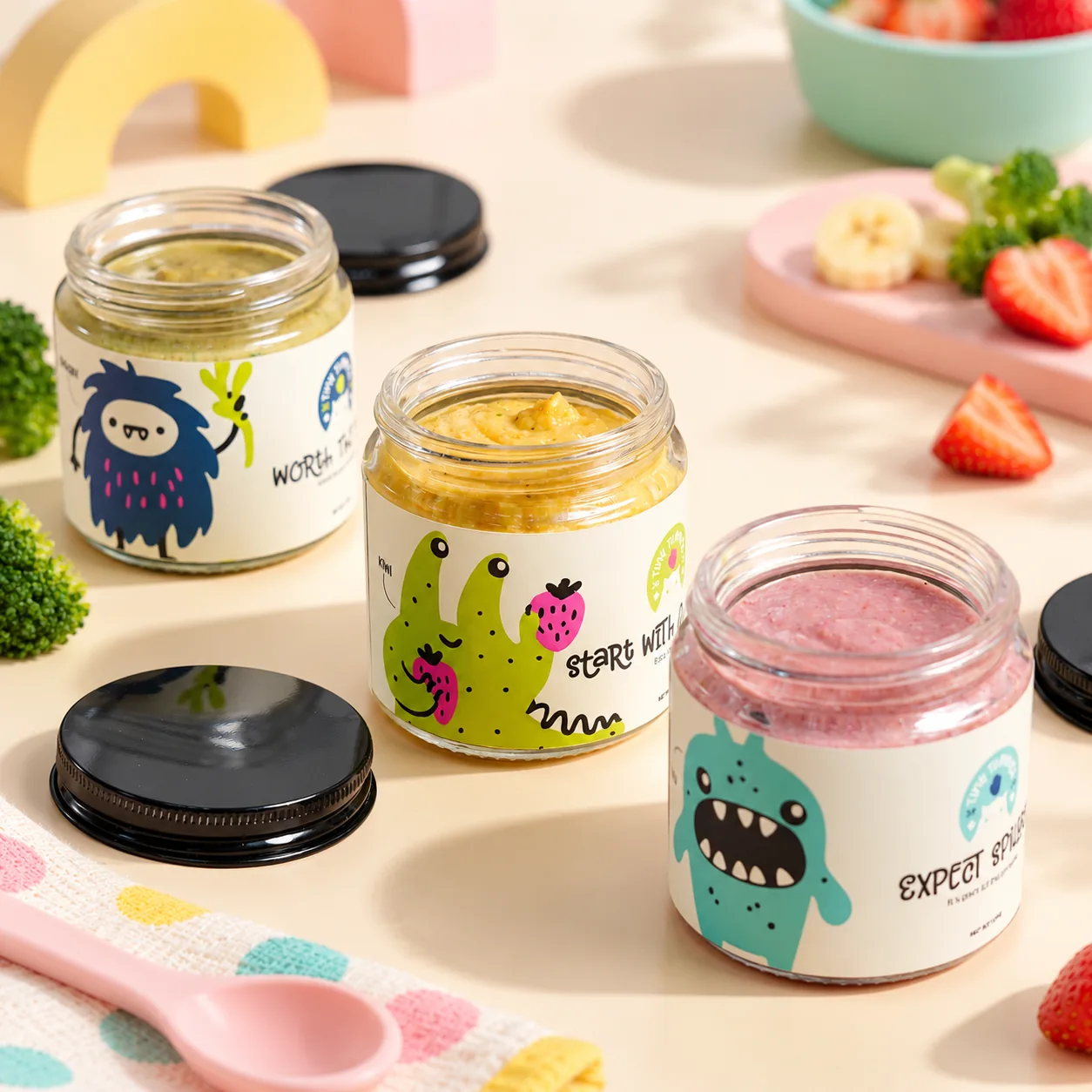 Three freshly prepared Tiny Tummies baby food puree jars