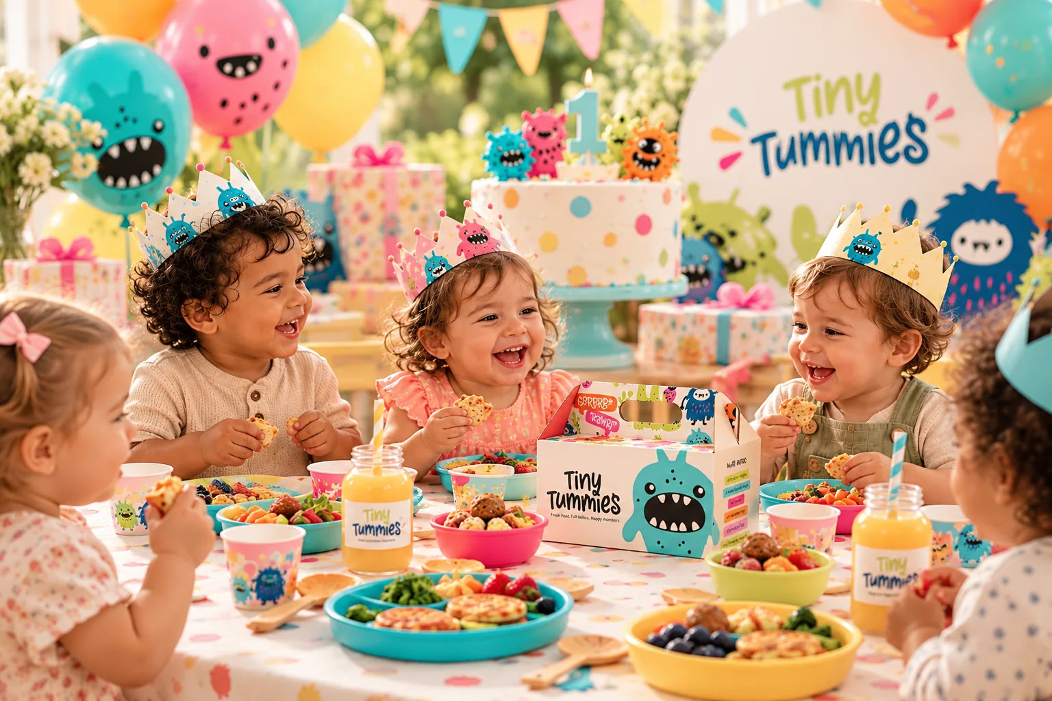 Toddlers celebrating a Tiny Tummies birthday party with colourful balloons and lunchboxes