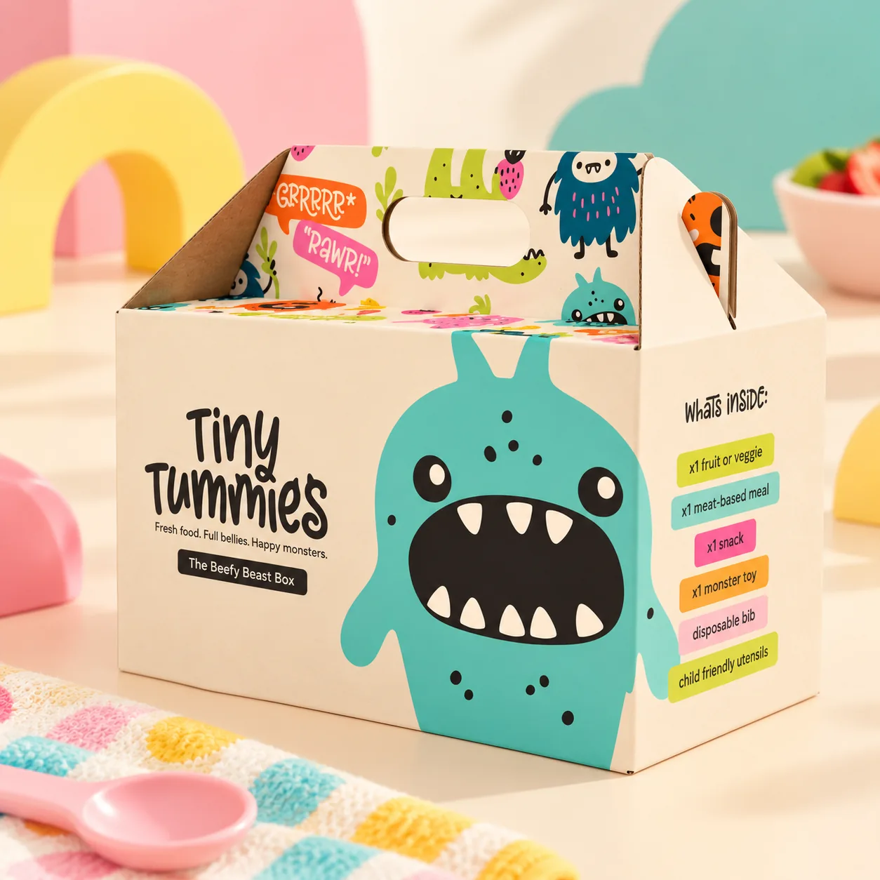 Tiny Tummies branded toddler lunchbox with turquoise monster